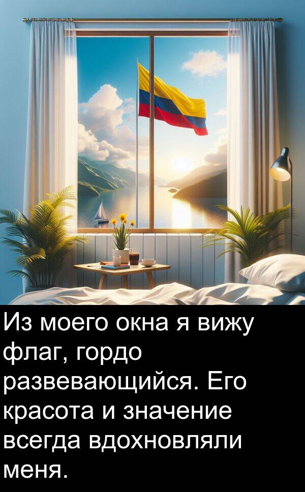 красота: Из моего окна я вижу флаг, гордо развевающийся. Его красота и значение всегда вдохновляли меня.