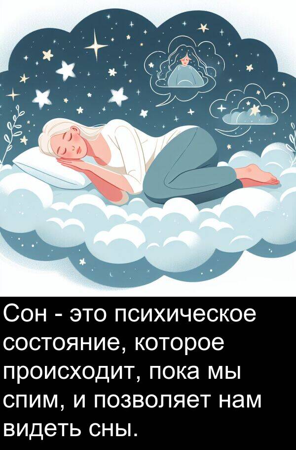 происходит: Сон - это психическое состояние, которое происходит, пока мы спим, и позволяет нам видеть сны.