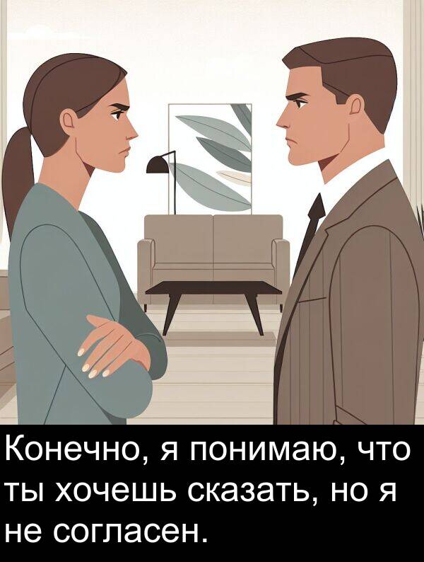 понимаю: Конечно, я понимаю, что ты хочешь сказать, но я не согласен.