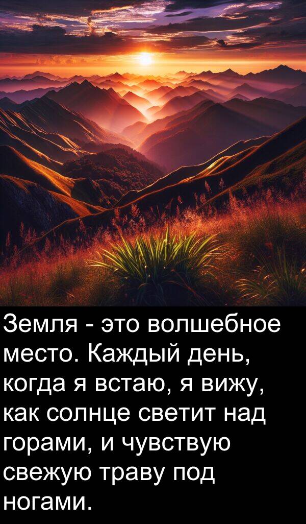 светит: Земля - это волшебное место. Каждый день, когда я встаю, я вижу, как солнце светит над горами, и чувствую свежую траву под ногами.