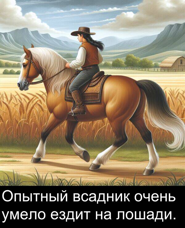 всадник: Опытный всадник очень умело ездит на лошади.