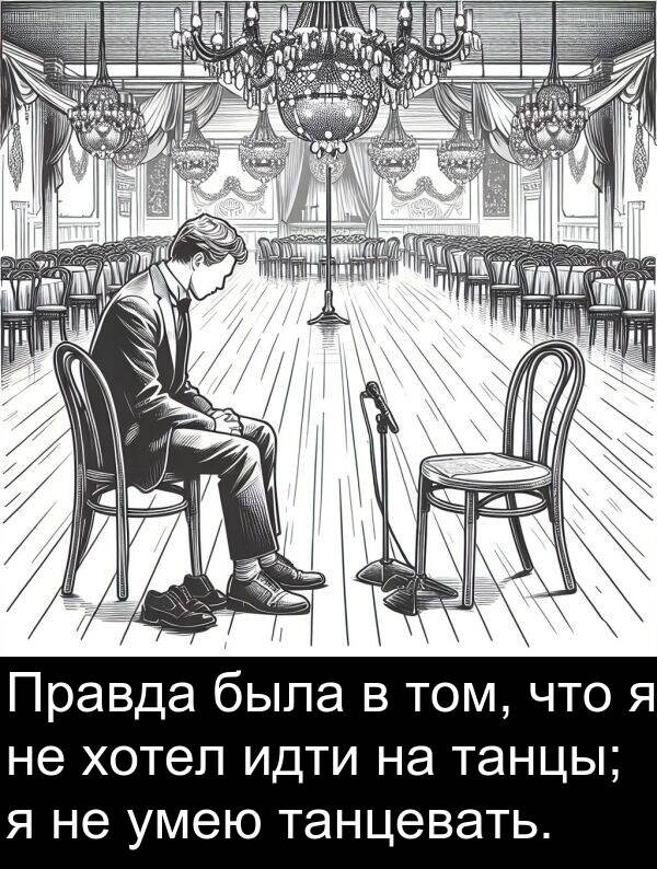 умею: Правда была в том, что я не хотел идти на танцы; я не умею танцевать.