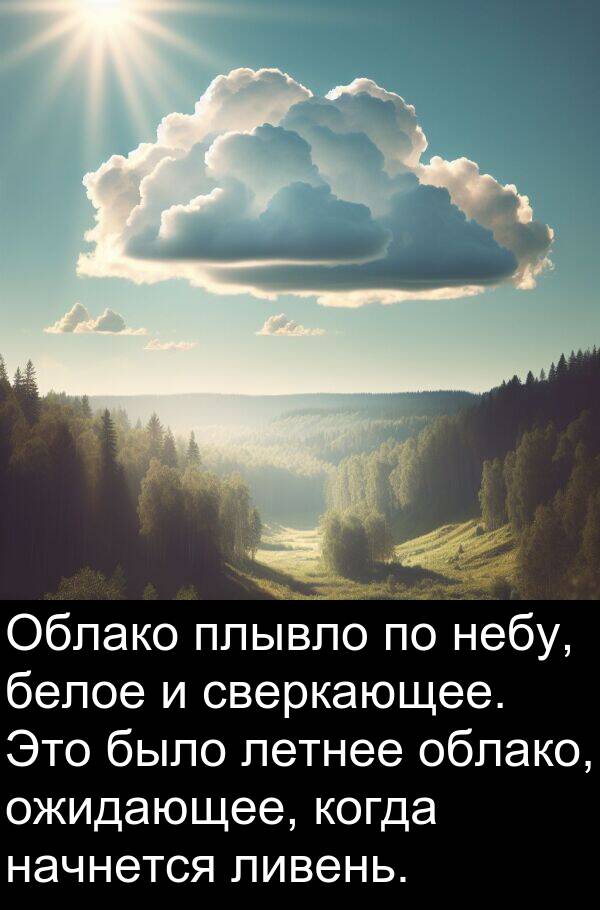 сверкающее: Облако плывло по небу, белое и сверкающее. Это было летнее облако, ожидающее, когда начнется ливень.