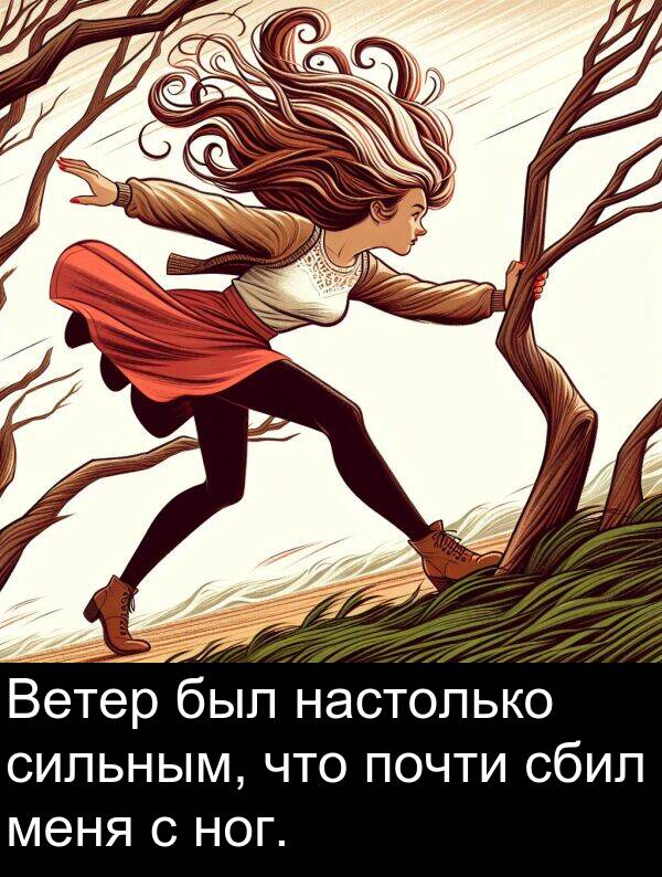 почти: Ветер был настолько сильным, что почти сбил меня с ног.