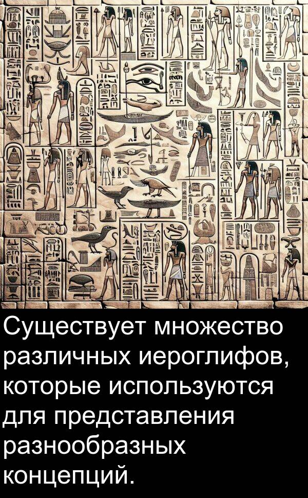 концепций: Существует множество различных иероглифов, которые используются для представления разнообразных концепций.