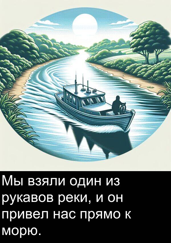 прямо: Мы взяли один из рукавов реки, и он привел нас прямо к морю.