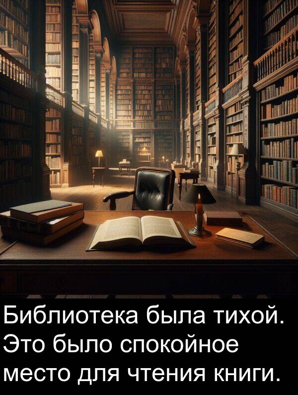 книги: Библиотека была тихой. Это было спокойное место для чтения книги.