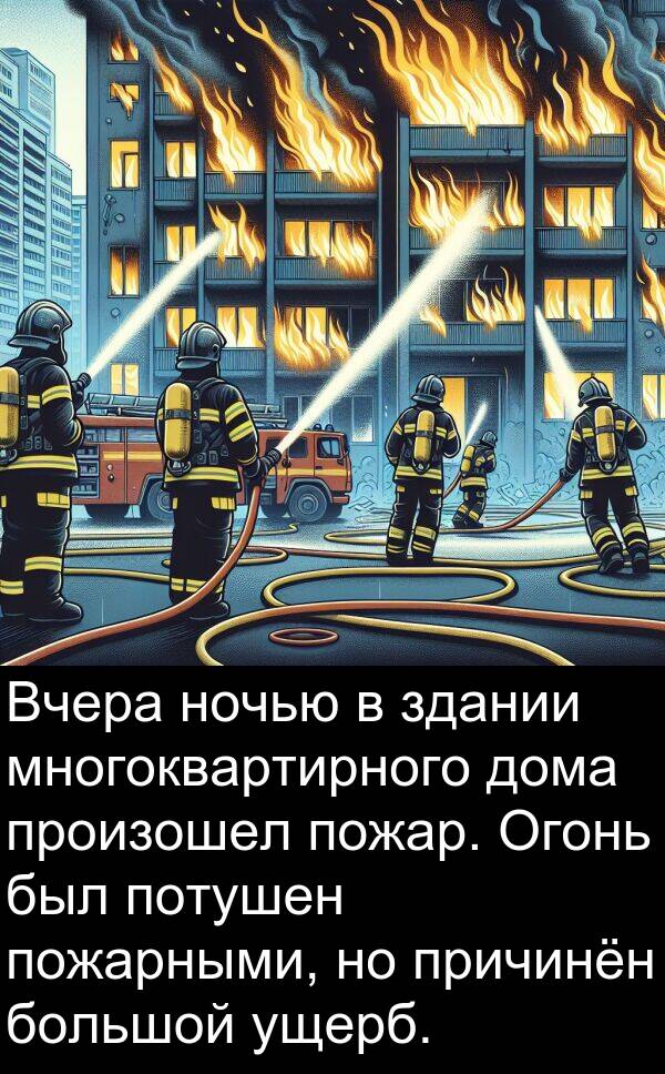 причинён: Вчера ночью в здании многоквартирного дома произошел пожар. Огонь был потушен пожарными, но причинён большой ущерб.