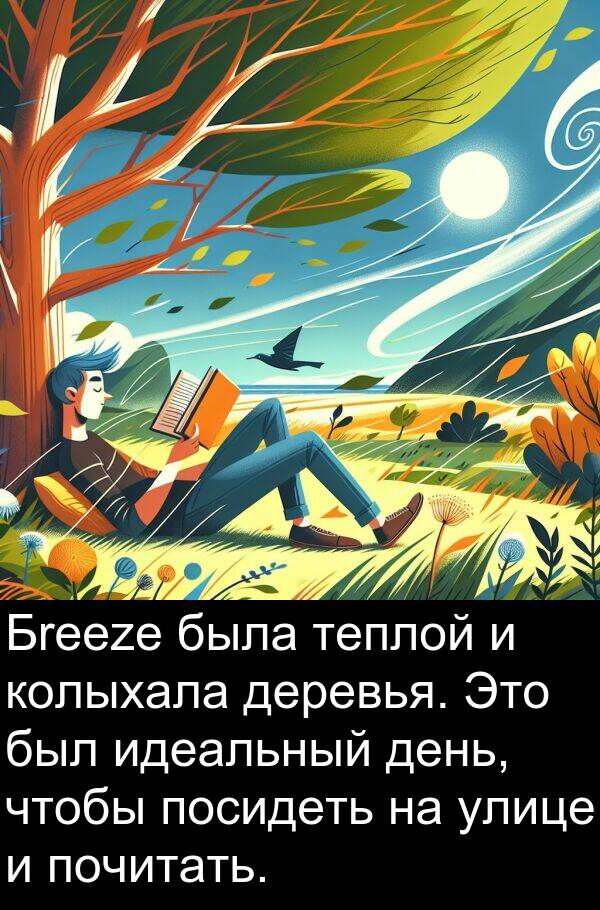 почитать: Бreeze была теплой и колыхала деревья. Это был идеальный день, чтобы посидеть на улице и почитать.