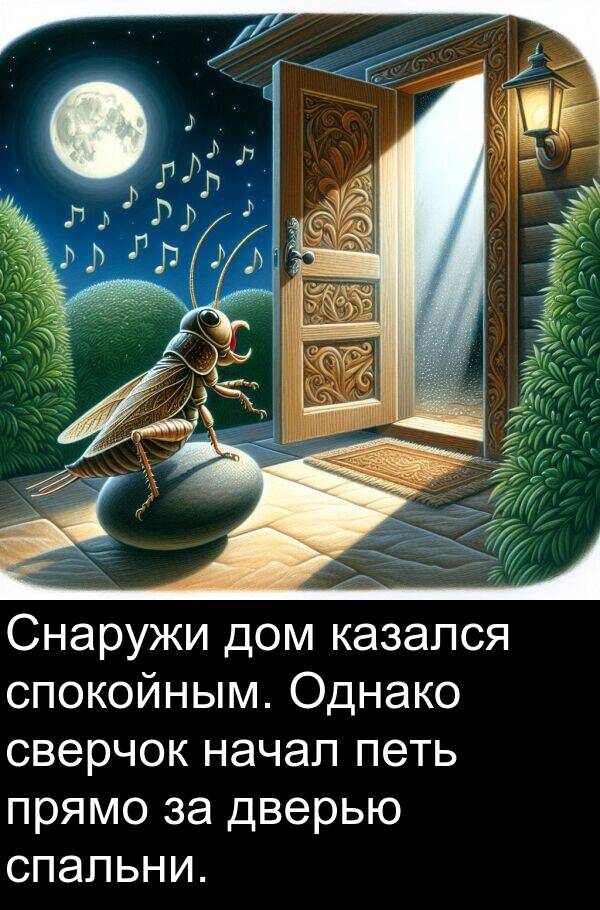 прямо: Снаружи дом казался спокойным. Однако сверчок начал петь прямо за дверью спальни.