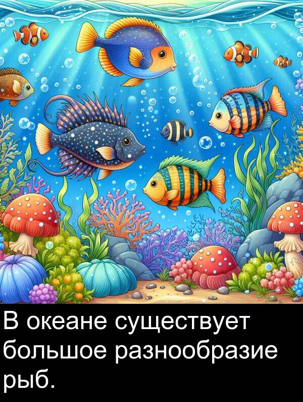существует: В океане существует большое разнообразие рыб.