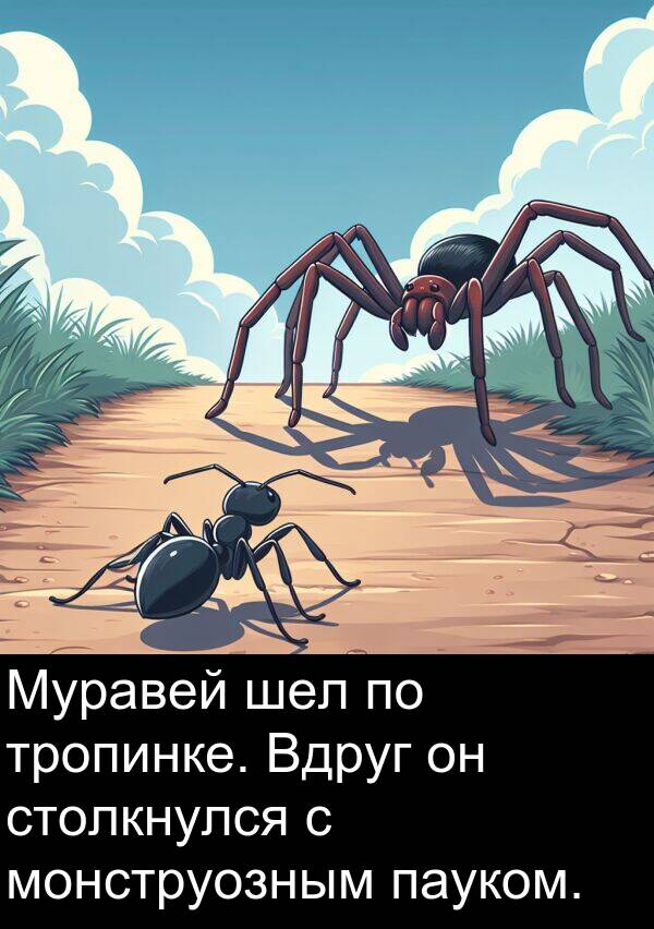 столкнулся: Муравей шел по тропинке. Вдруг он столкнулся с монструозным пауком.