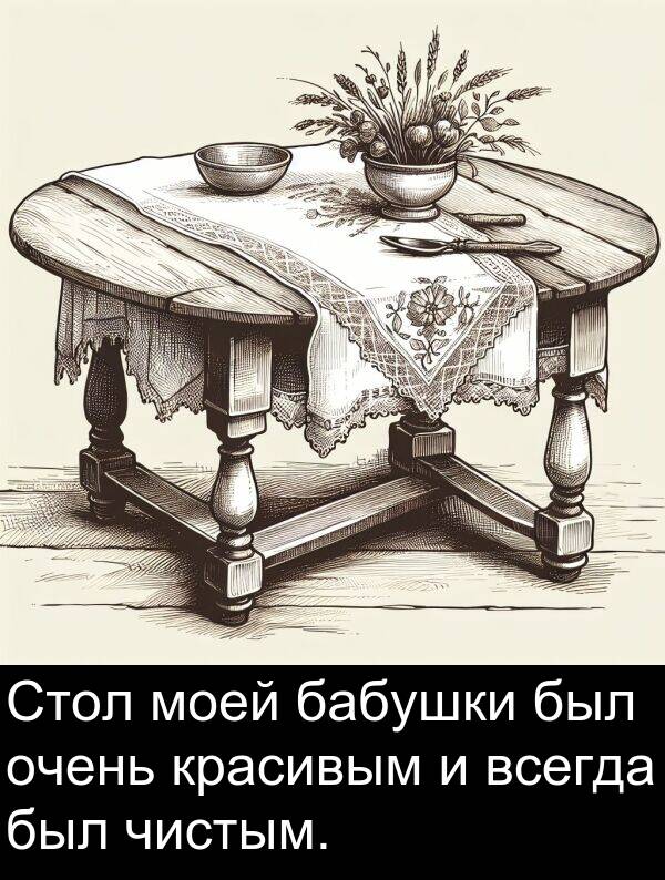 красивым: Стол моей бабушки был очень красивым и всегда был чистым.