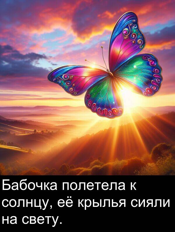 крылья: Бабочка полетела к солнцу, её крылья сияли на свету.