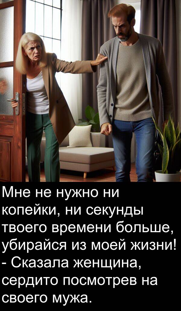 посмотрев: Мне не нужно ни копейки, ни секунды твоего времени больше, убирайся из моей жизни! - Сказала женщина, сердито посмотрев на своего мужа.