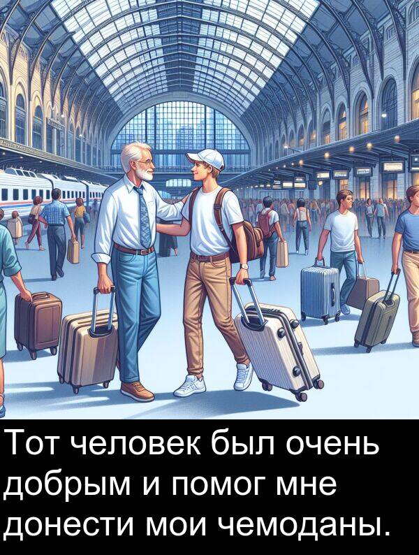 чемоданы: Тот человек был очень добрым и помог мне донести мои чемоданы.
