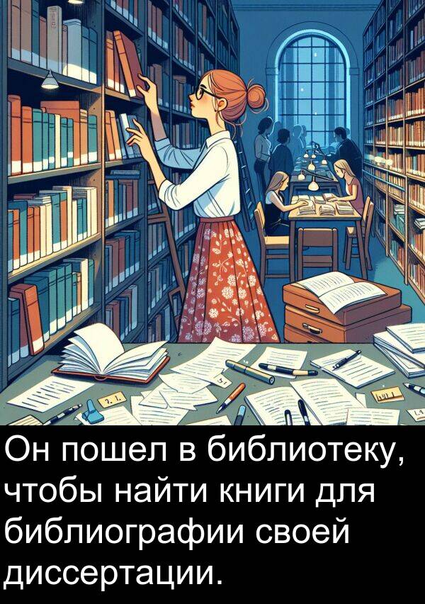 книги: Он пошел в библиотеку, чтобы найти книги для библиографии своей диссертации.