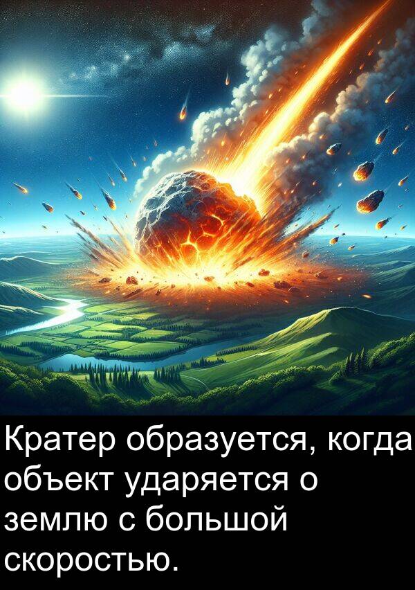 большой: Кратер образуется, когда объект ударяется о землю с большой скоростью.