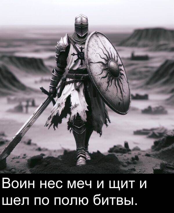 полю: Воин нес меч и щит и шел по полю битвы.