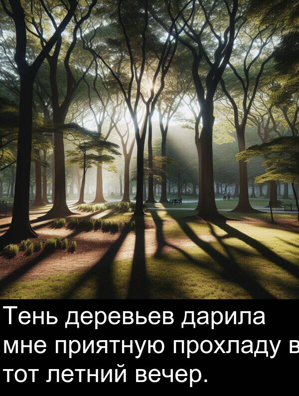 приятную: Тень деревьев дарила мне приятную прохладу в тот летний вечер.