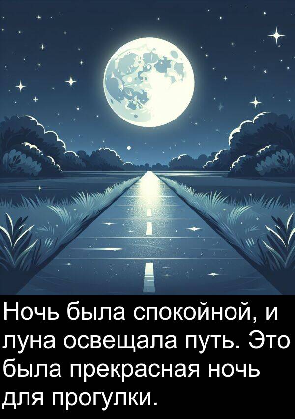путь: Ночь была спокойной, и луна освещала путь. Это была прекрасная ночь для прогулки.