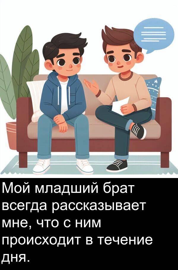происходит: Мой младший брат всегда рассказывает мне, что с ним происходит в течение дня.
