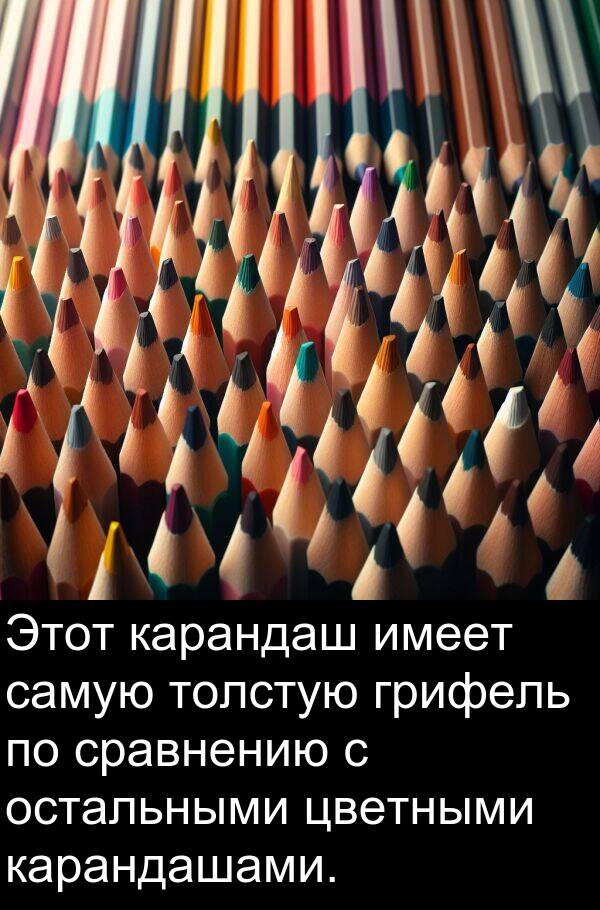 сравнению: Этот карандаш имеет самую толстую грифель по сравнению с остальными цветными карандашами.