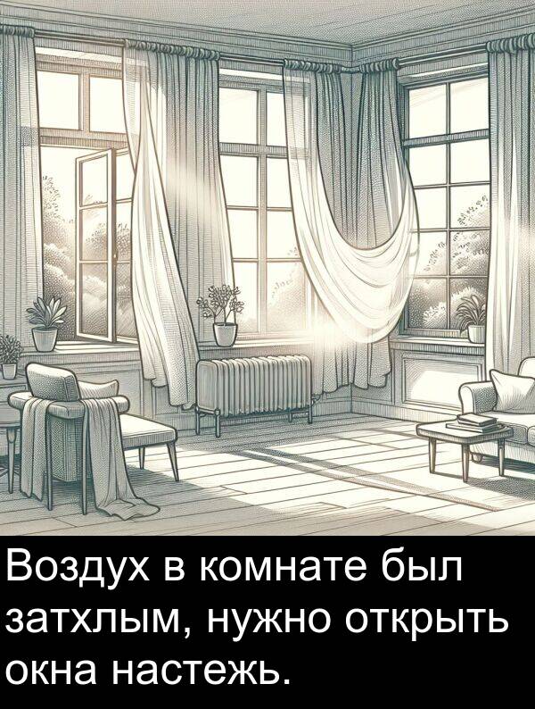 комнате: Воздух в комнате был затхлым, нужно открыть окна настежь.