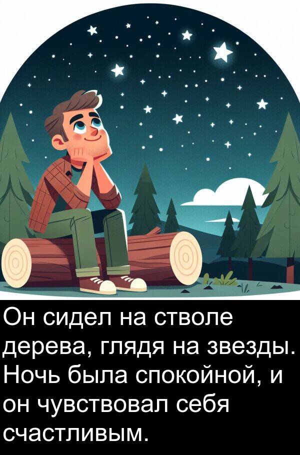 счастливым: Он сидел на стволе дерева, глядя на звезды. Ночь была спокойной, и он чувствовал себя счастливым.