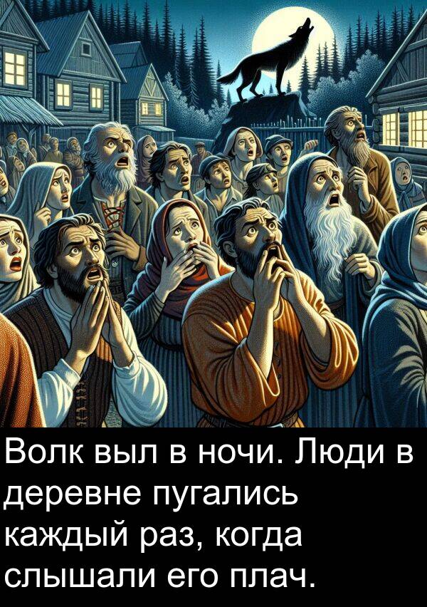 пугались: Волк выл в ночи. Люди в деревне пугались каждый раз, когда слышали его плач.