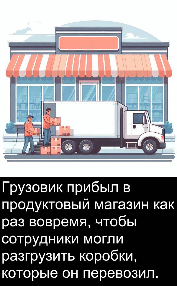 продуктовый: Грузовик прибыл в продуктовый магазин как раз вовремя, чтобы сотрудники могли разгрузить коробки, которые он перевозил.