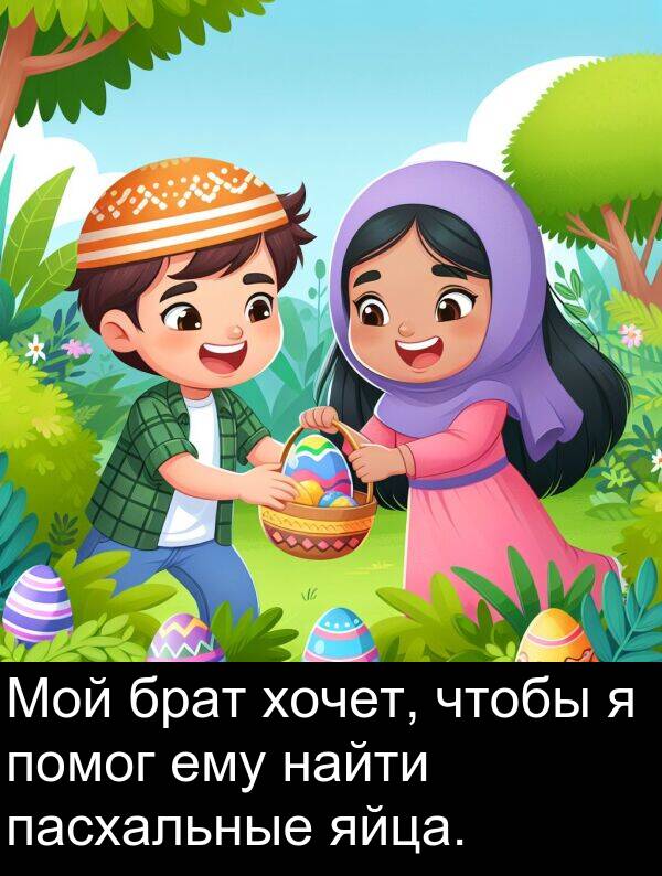 ему: Мой брат хочет, чтобы я помог ему найти пасхальные яйца.