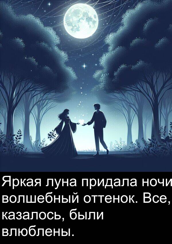 придала: Яркая луна придала ночи волшебный оттенок. Все, казалось, были влюблены.