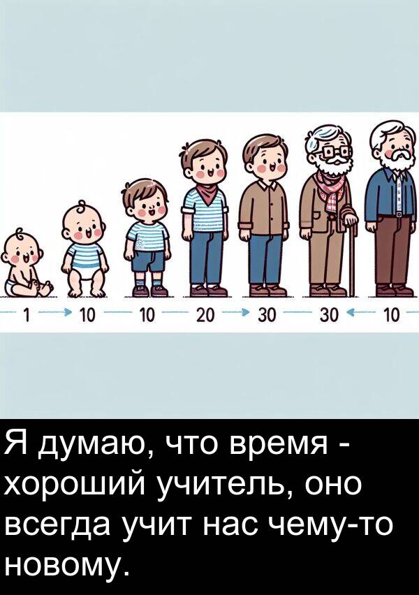 учит: Я думаю, что время - хороший учитель, оно всегда учит нас чему-то новому.