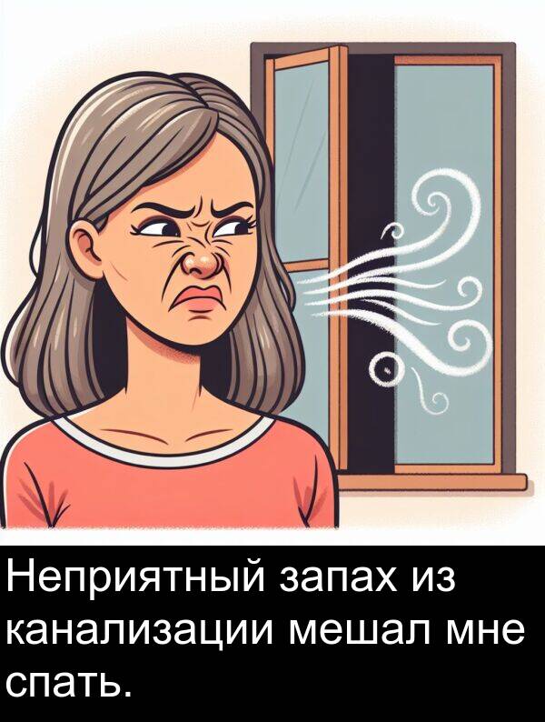 спать: Неприятный запах из канализации мешал мне спать.