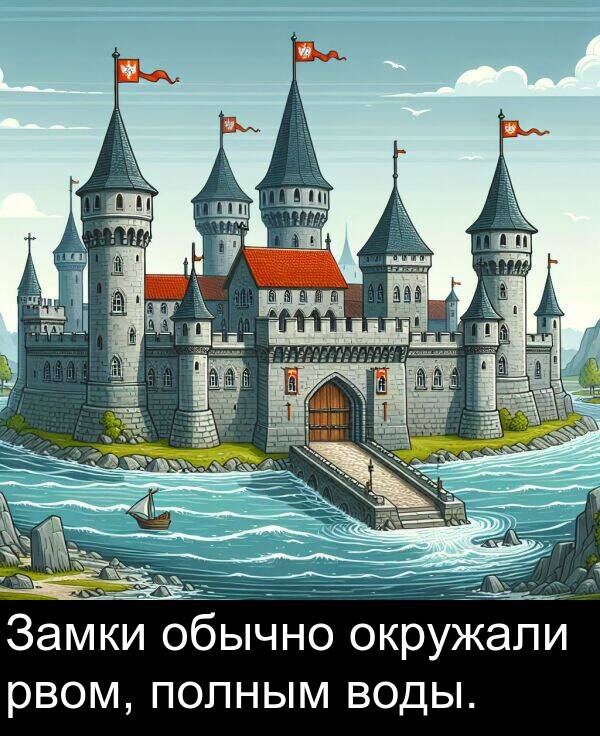 полным: Замки обычно окружали рвом, полным воды.