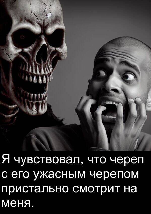 пристально: Я чувствовал, что череп с его ужасным черепом пристально смотрит на меня.