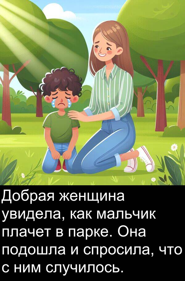 спросила: Добрая женщина увидела, как мальчик плачет в парке. Она подошла и спросила, что с ним случилось.