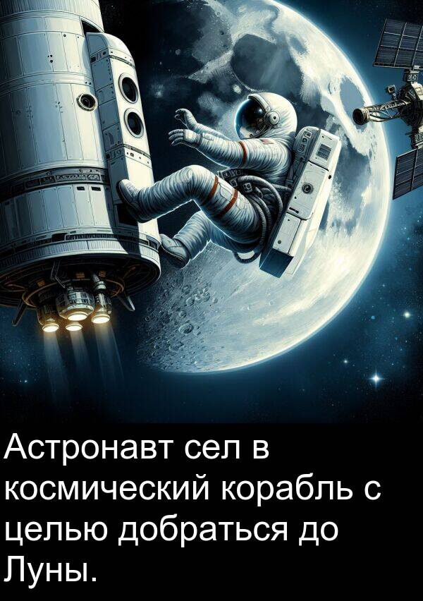 корабль: Астронавт сел в космический корабль с целью добраться до Луны.