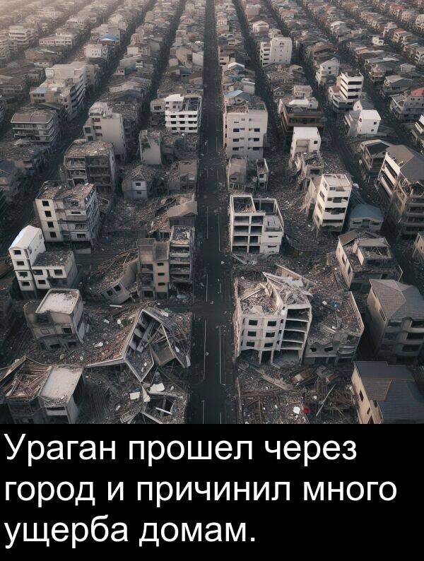 прошел: Ураган прошел через город и причинил много ущерба домам.