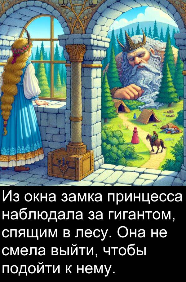принцесса: Из окна замка принцесса наблюдала за гигантом, спящим в лесу. Она не смела выйти, чтобы подойти к нему.