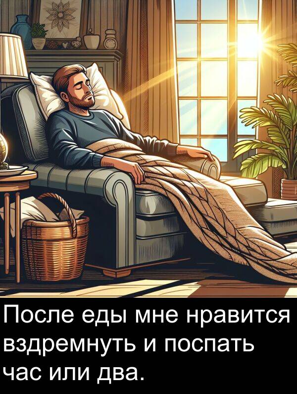 поспать: После еды мне нравится вздремнуть и поспать час или два.