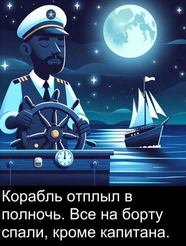 полночь: Корабль отплыл в полночь. Все на борту спали, кроме капитана.