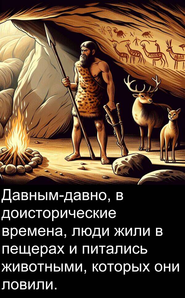 которых: Давным-давно, в доисторические времена, люди жили в пещерах и питались животными, которых они ловили.