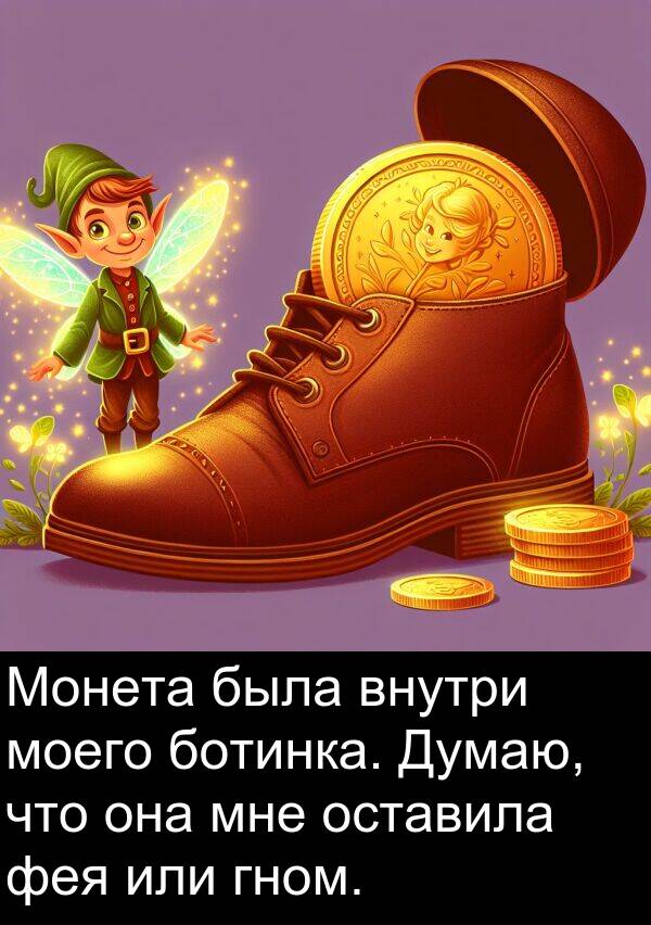 фея: Монета была внутри моего ботинка. Думаю, что она мне оставила фея или гном.