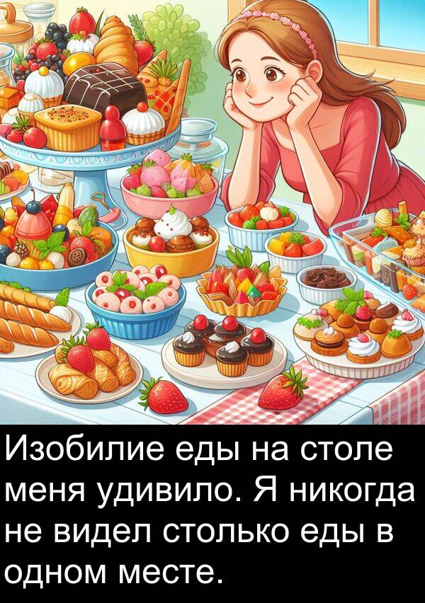 столько: Изобилие еды на столе меня удивило. Я никогда не видел столько еды в одном месте.