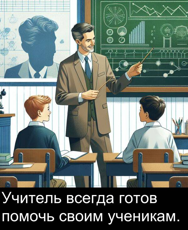 своим: Учитель всегда готов помочь своим ученикам.