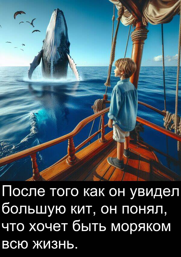кит: После того как он увидел большую кит, он понял, что хочет быть моряком всю жизнь.