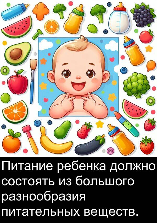 веществ: Питание ребенка должно состоять из большого разнообразия питательных веществ.