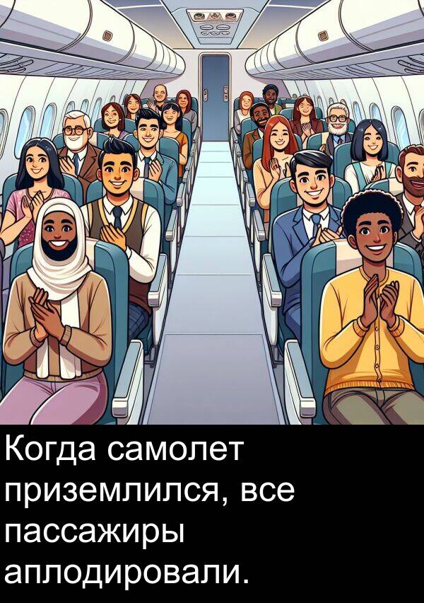 приземлился: Когда самолет приземлился, все пассажиры аплодировали.
